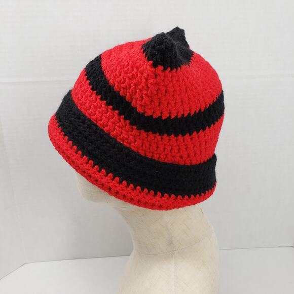 Cat Ear Beanie Crochet Hat Black Red Striped Handmade Knit Kitty Grunge Winter - Picture 4 of 11